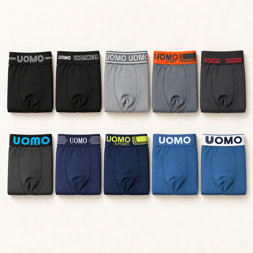 Exemple de pack de dix boxers assortis noirs, bleus et gris, présenté en deux rangées.