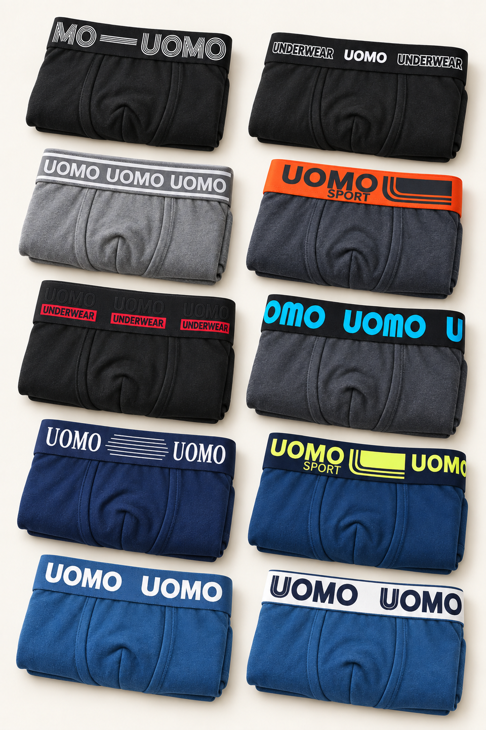 Exemple 1 : dix boxers pliés aux ceintures variées, en noir, bleu et gris. Assortiment non sélectionnable.