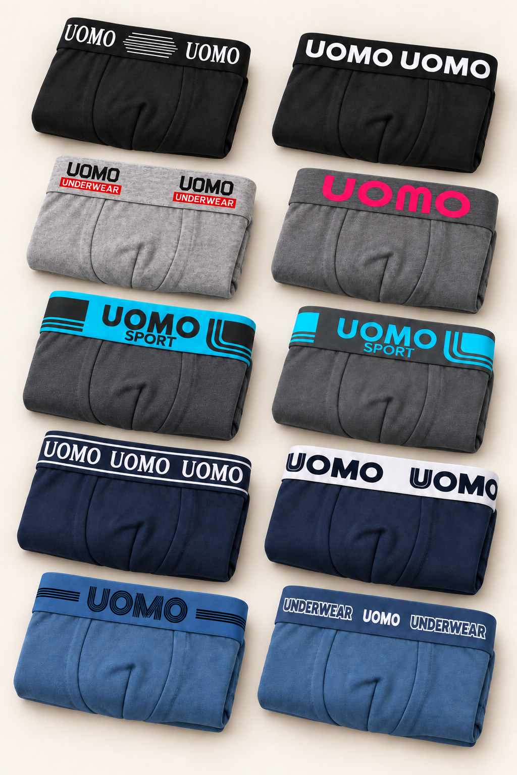 Exemple 2 : dix boxers pliés aux ceintures variées, en noir, bleu et gris. Assortiment non sélectionnable.