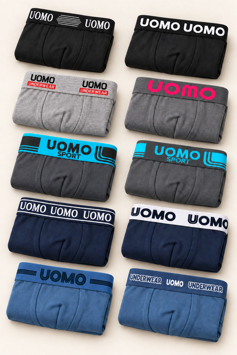Exemple 2 : dix boxers pliés aux ceintures variées, en noir, bleu et gris. Assortiment non sélectionnable.