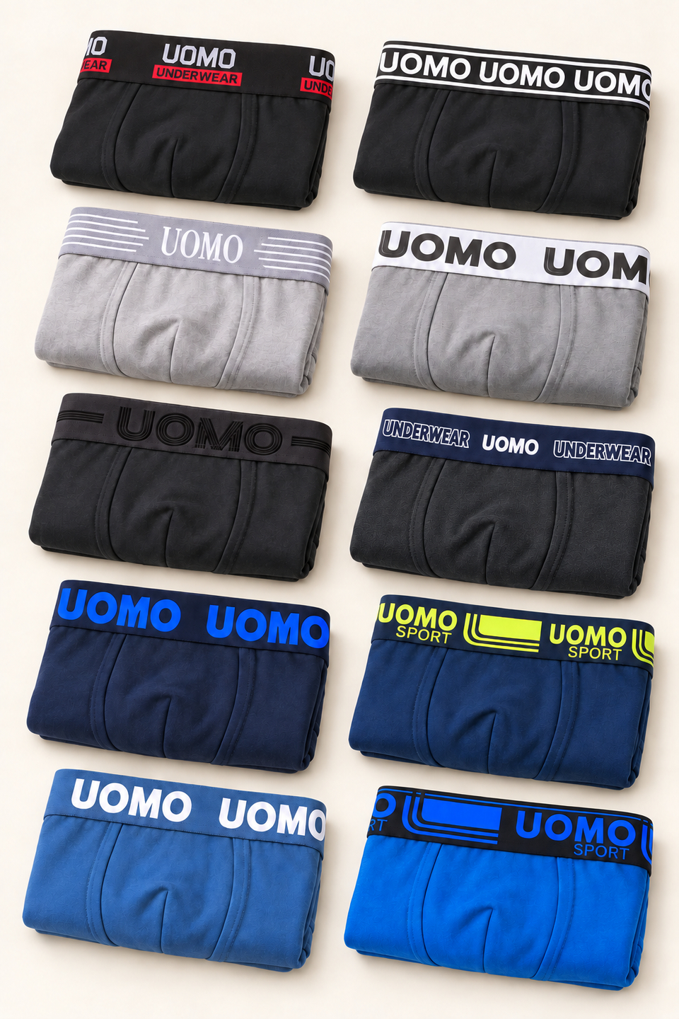 Exemple 3 : dix boxers pliés aux ceintures variées, en noir, bleu et gris. Assortiment non sélectionnable.