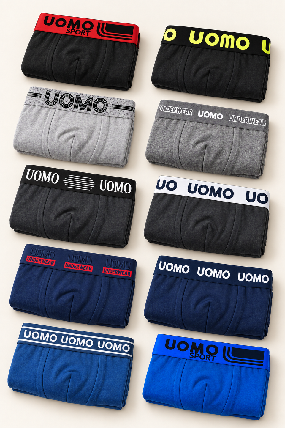 Exemple 4 : dix boxers pliés aux ceintures variées, en noir, bleu et gris. Assortiment non sélectionnable.