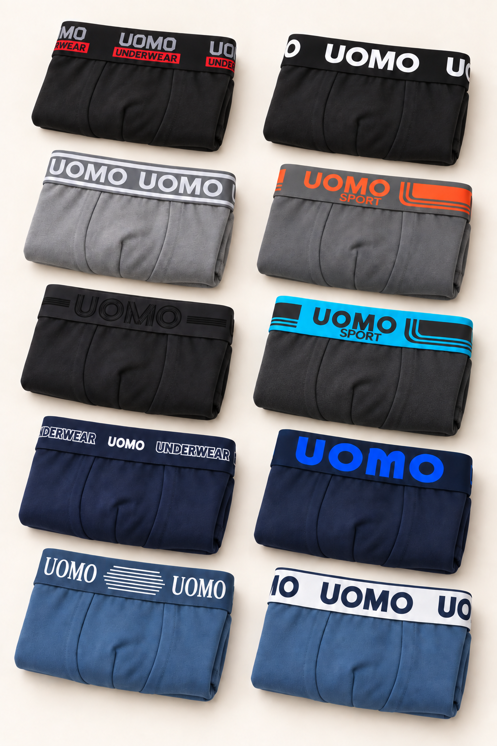 Exemple 5 : dix boxers pliés aux ceintures variées, en noir, bleu et gris. Assortiment non sélectionnable.
