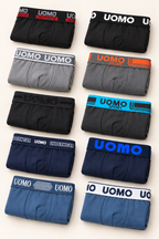 Exemple 5 : dix boxers pliés aux ceintures variées, en noir, bleu et gris. Assortiment non sélectionnable.