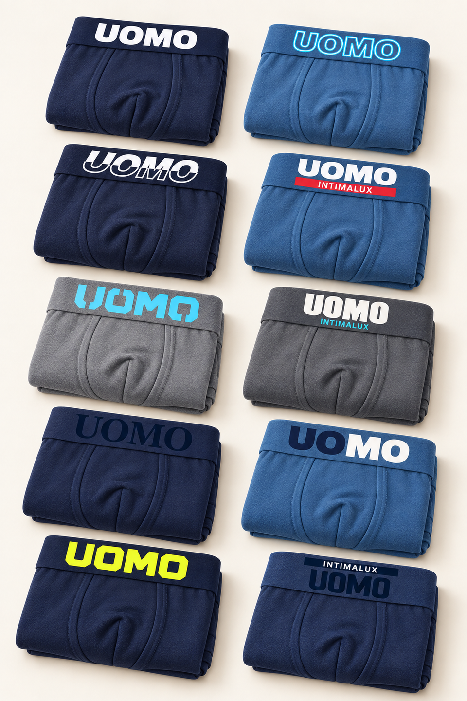 Exemple 6 : dix boxers pliés aux ceintures variées, en noir, bleu et gris. Assortiment non sélectionnable.