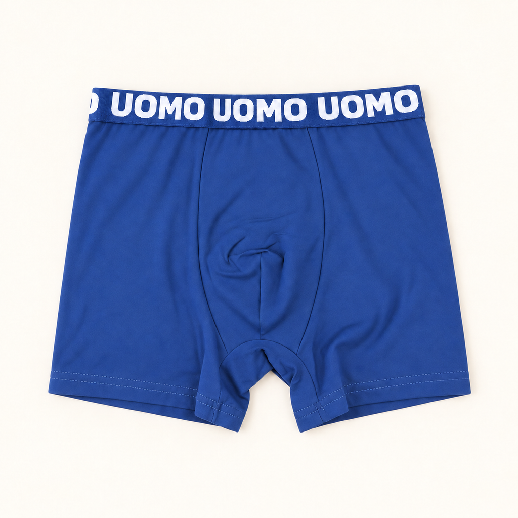 Boxer bleu INTIMALUX vu de face, avec une ceinture bleue à lettres contrastées.