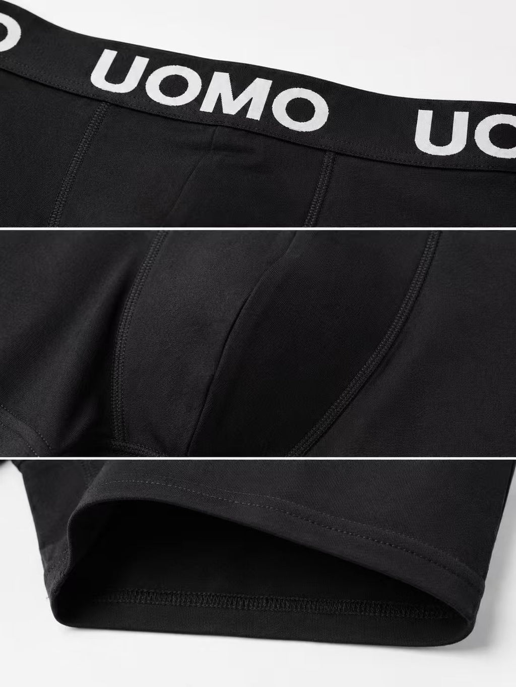 Détails de la ceinture UOMO, des coutures et de la jambe d’un boxer noir.