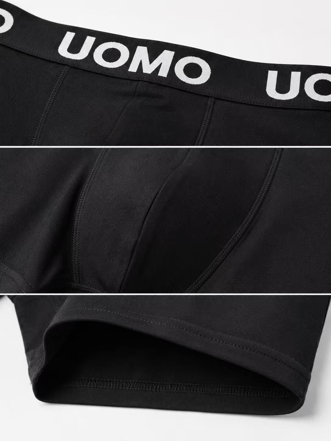 Détails de la ceinture UOMO, des coutures et de la jambe d’un boxer noir.