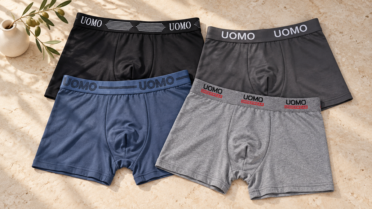 Boxers INTIMALUX noirs, bleus et gris avec différentes ceintures, présentés dans un décor minéral clair.